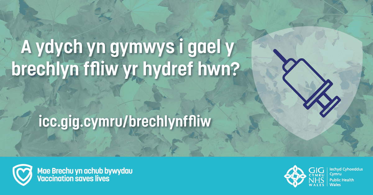 Iechyd Cyhoeddus Cymru yn annog pobl gymwys yng Nghymru i gael eu brechiadau rhag y ffliw a'u pigiadau atgyfnerthu COVID-19