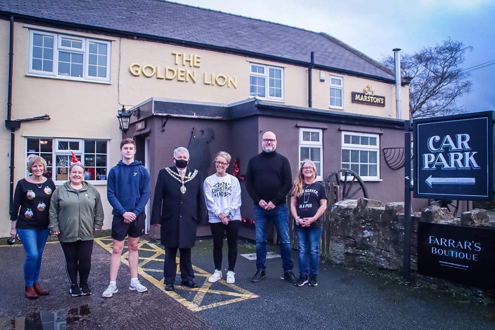 Deputy Mayor, Councillor Brian Cameron meets the staff at the Golden Lion, Coedpoeth