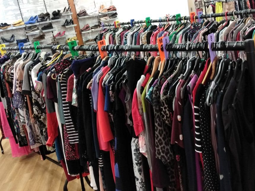 Clothes rails at Wrexham Clothing Exchange