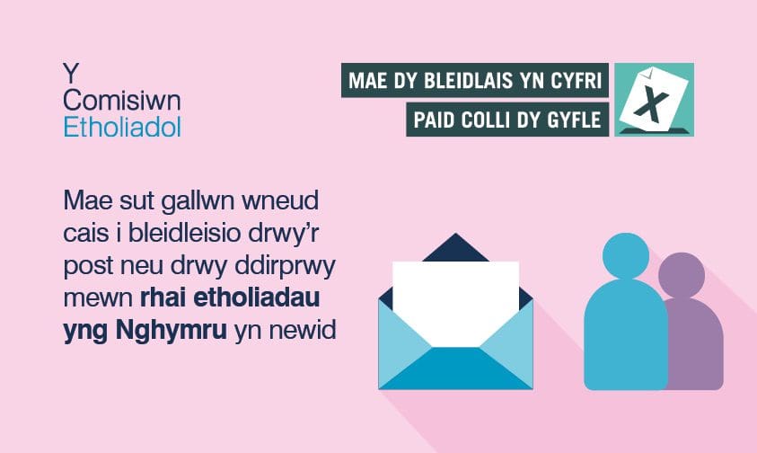 Eiconau lliwgar yn cynrychioli darn o bapur mewn amlen ac amlinell o ddau berson. Testun yn nodi “Mae sut rydym yn gwneud cais i bleidleisio drwy’r post neu drwy ddirprwy mewn rhai etholiadau yng Nghymru yn newid”.