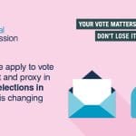 Colourful icons representing a piece of paper in an envelope and two people in silhouette. Text stating “How we apply to vote by post or proxy in some elections in Wales is changing”.