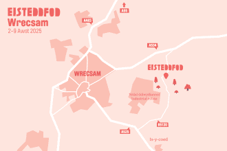 Map lleoliad Eisteddfod Wrecsam yn dangos Is-Y-Coed . Wrexham Eisteddfod location map showing Isycoed