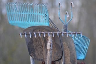 Gardening tools including rakes and shovels